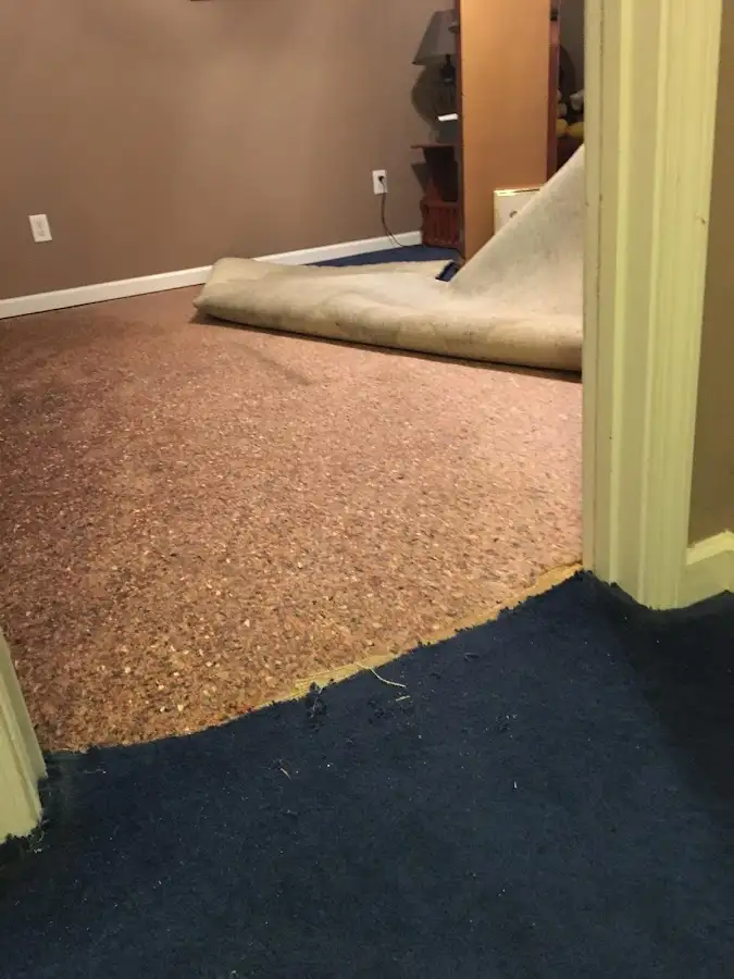 Carpet pad removal revealing water damage during Water Mitigation Services in Charleston
